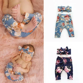 Bonito Calça Floral com Floral Bowknot Cabeça Para Bebé Menina