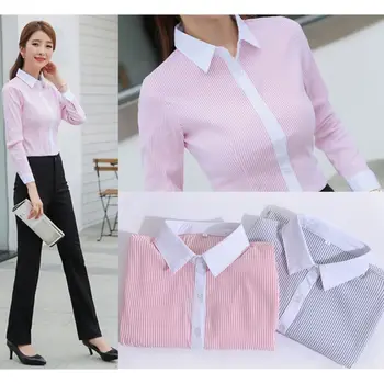 Moda das Mulheres Formal da Base de dados de Listrado Office Camisa de Chiffon Manga Longa Roupas de Trabalho coreano Blusa Blusas Plus Size Formal Tops